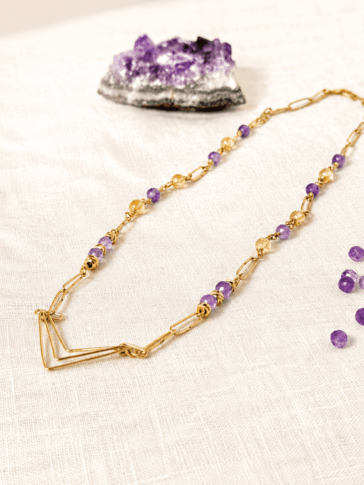 Collier Sirius – Collier artisanal en Gold Filled, Améthyste et Citrine